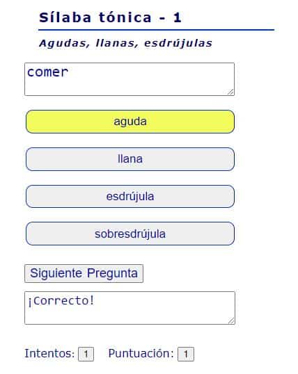 Juego online palabras agudas, llanas y esdrújulas.