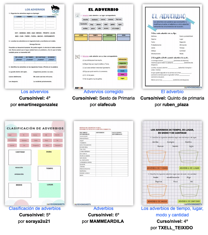 Fichas para trabajar los adverbios